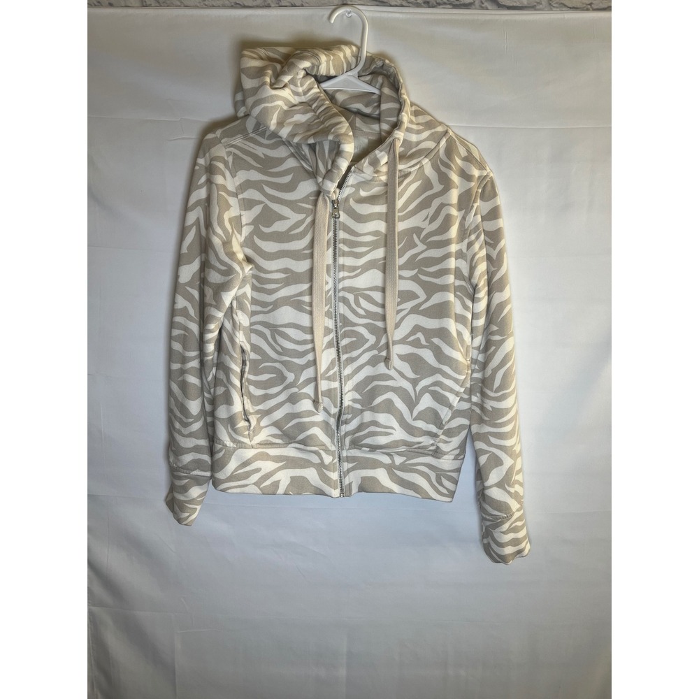Zella Womens Tan White Zebra Print Full Zip Hoodie Sweatshirt Size Small